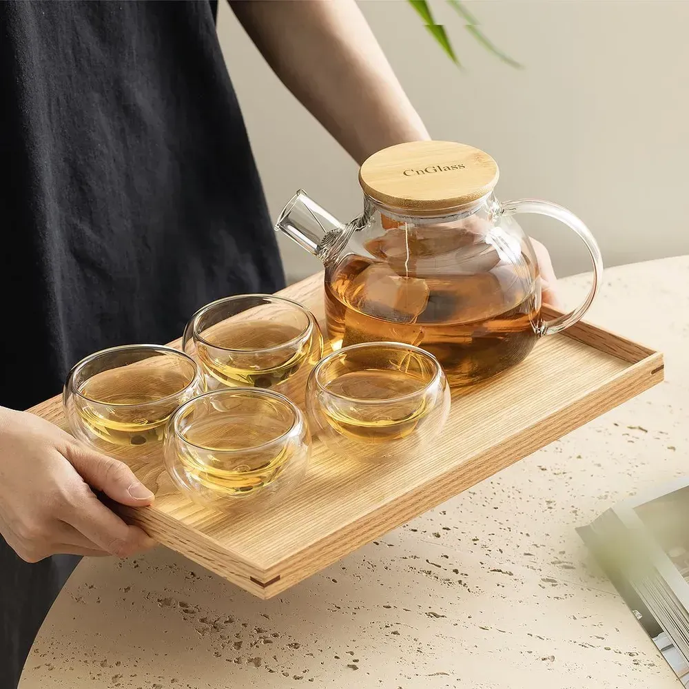 Чайник заварочный CnGlass маленький стеклянный бочонок с бамбуковой крышкой и фильтром пружинкой Бишкек - изображение 4