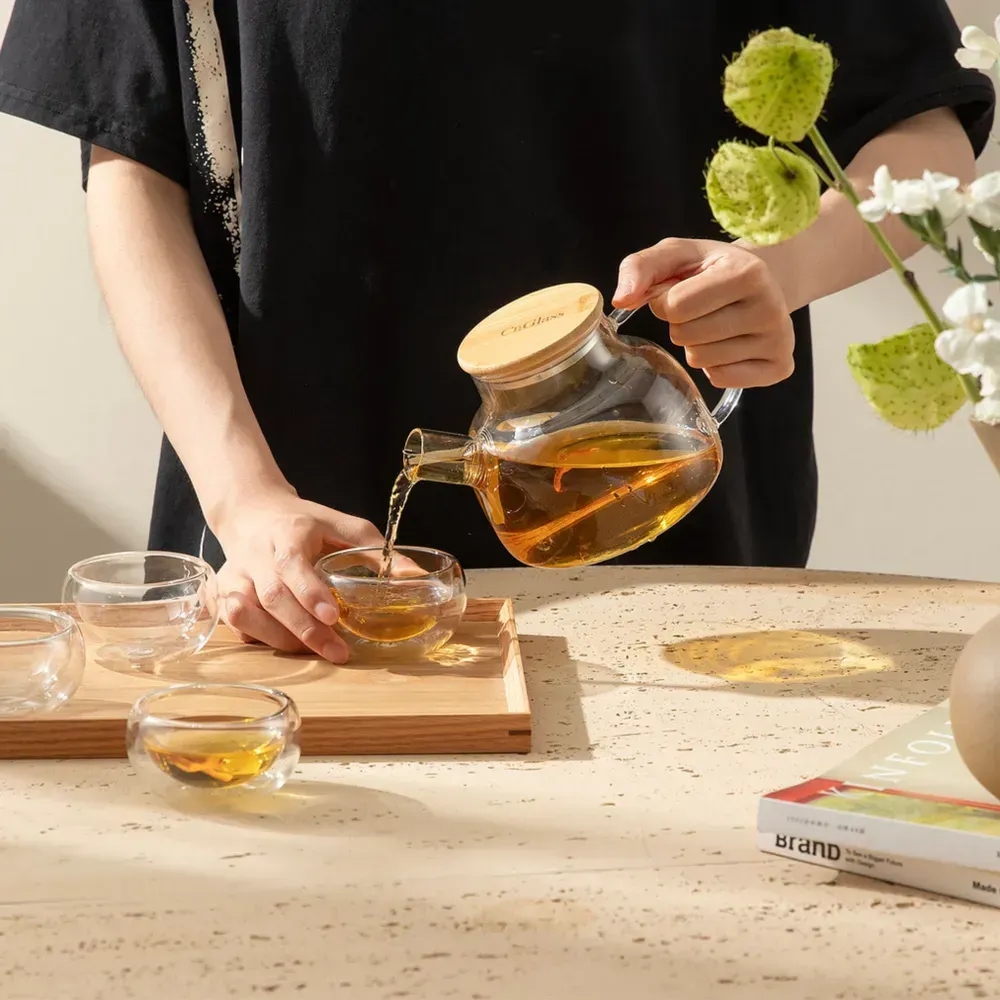 Чайник заварочный CnGlass маленький стеклянный бочонок с бамбуковой крышкой и фильтром пружинкой Бишкек - изображение 6