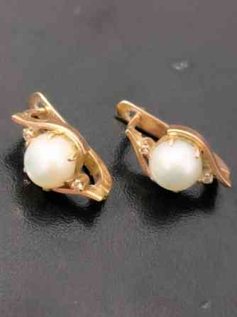 Золотые серьги с натуральным жемчугом ибриллиантом - Металл:красное Бишкек