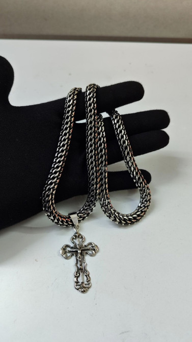 Цепочка с крестом из серебра 925 Плетение цепочки плотное, объёмное Бишкек - изображение 1