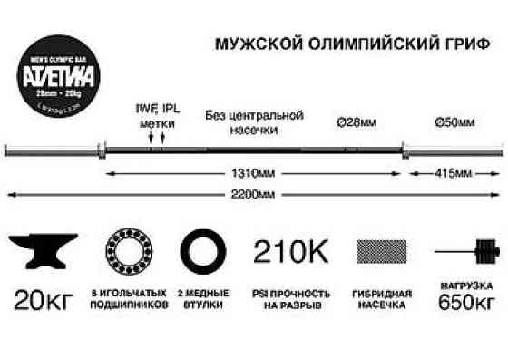 Мужской олимпийский гриф 20кг, Гриф для Пауэрлифтинга 20кг, Женский Бишкек